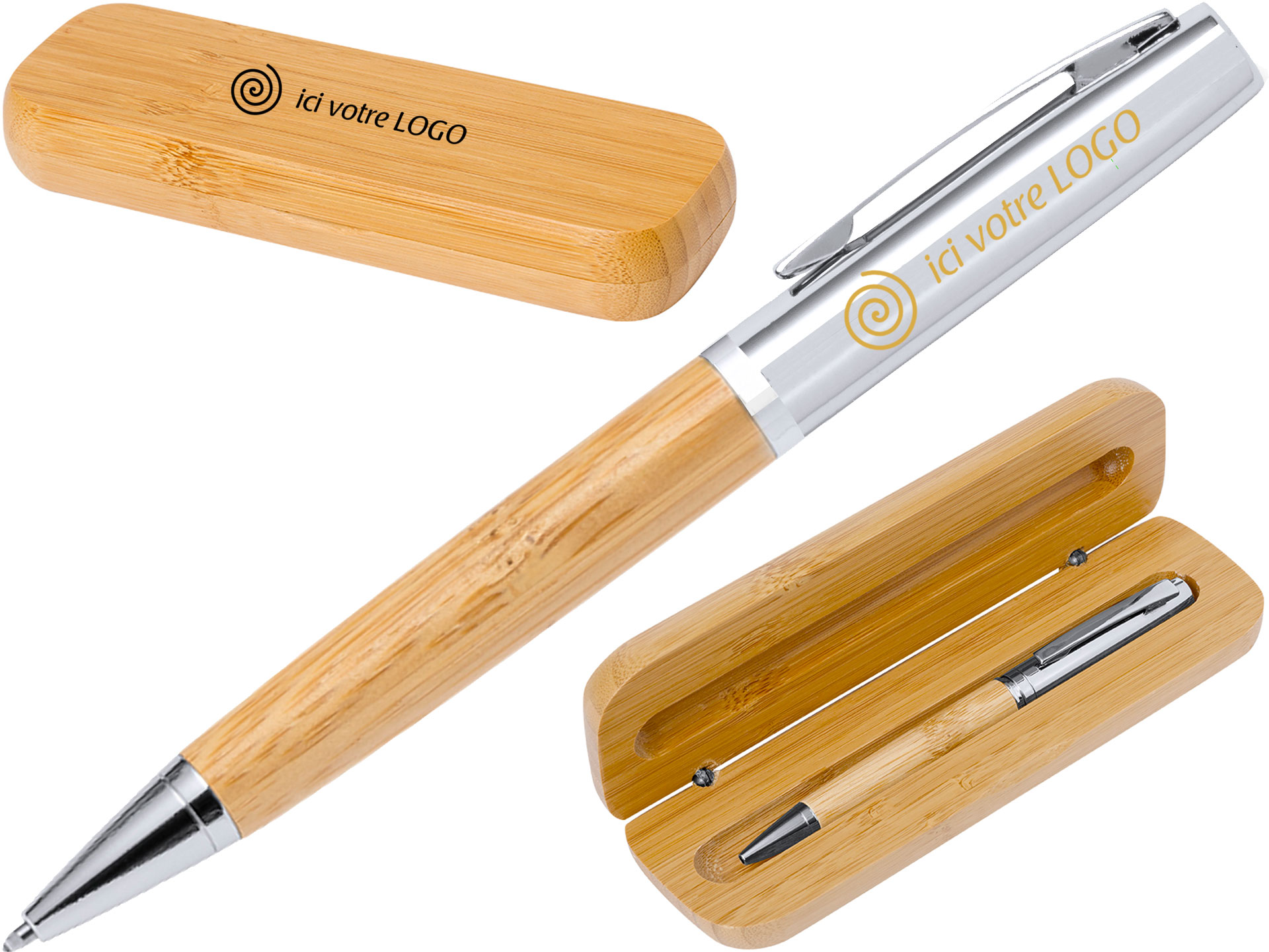 Stylo personnalisé en bambou et métal chromé avec son étui en bambou